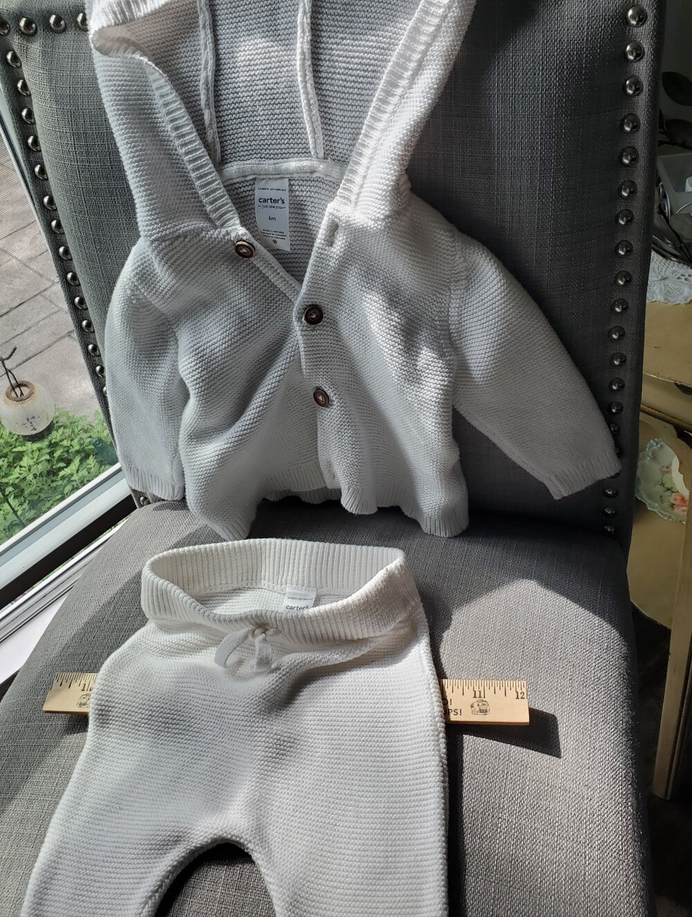 Carter's Baby White Knit Hoodie Sweater and Pants Set, 6mo
